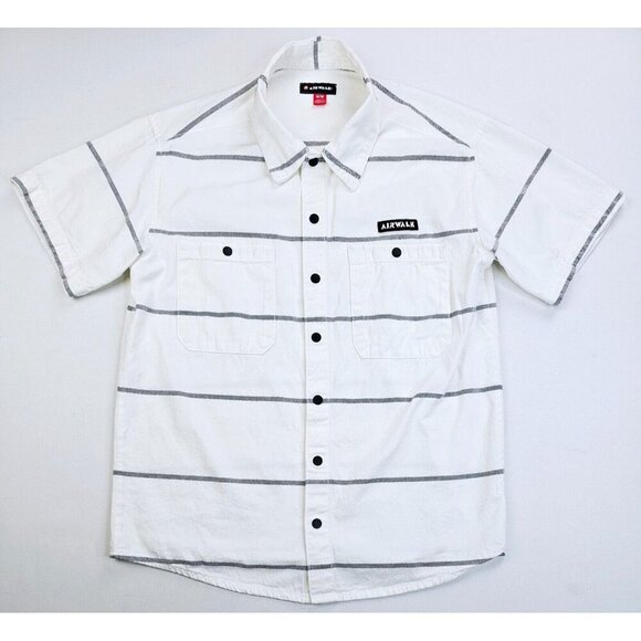 Airwalk Size Medium Mens White Black Stripe Chest Logo Short Sleeve Cotton Shirt - Picture 1 of 11